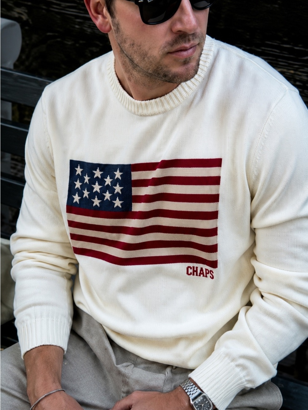 Chaps American Flag Cotton Crewneck Sweater Embroidered Stars Men's S